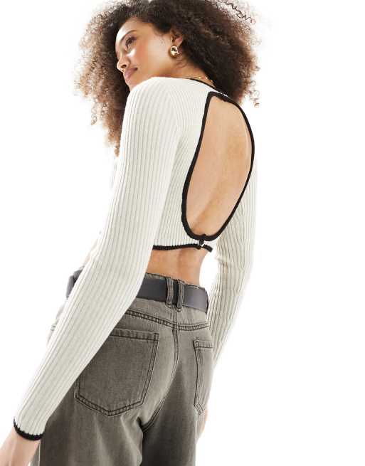 Bershka contrast trim open back knitted top in sand & black ASOS