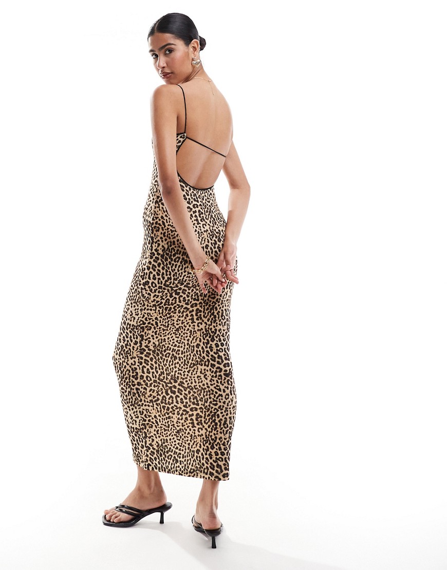Bershka Contrast Trim Strappy Maxi Dress In Leopard Print-multi