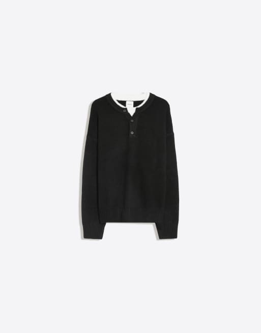 Bershka contrasterende gebreide henleytrui in zwart, 6 van 7
