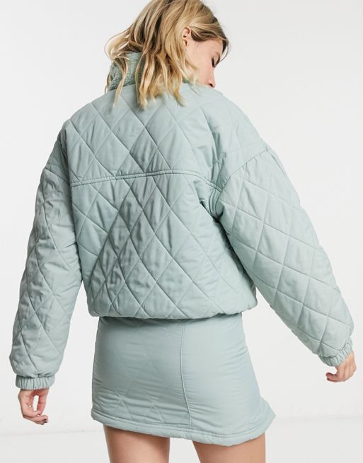 Bershka coordinating oversized half zip jacket with quilting in sage green