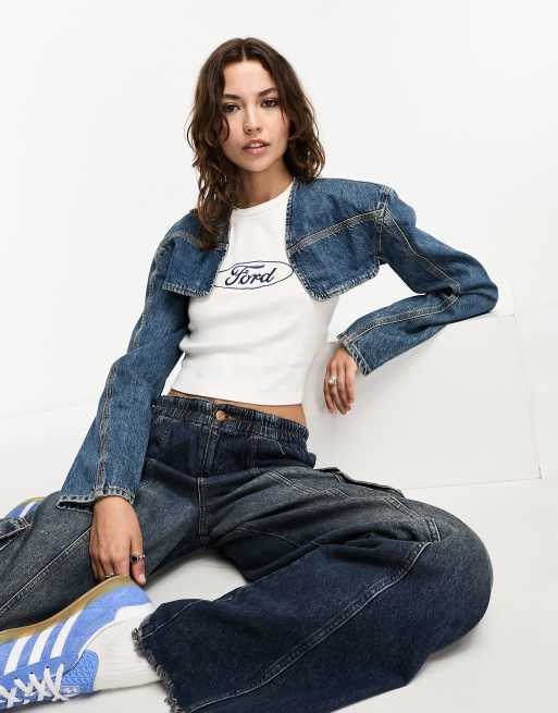 Bershka - Coprispalle bolero in denim blu medio a maniche lunghe