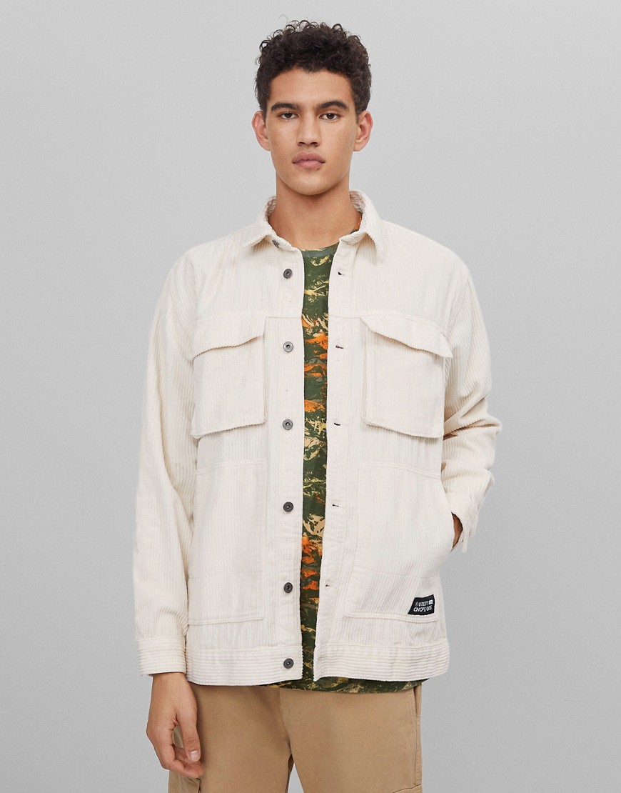 Bershka cord overshirt in beige with cargo pockets-Neutral