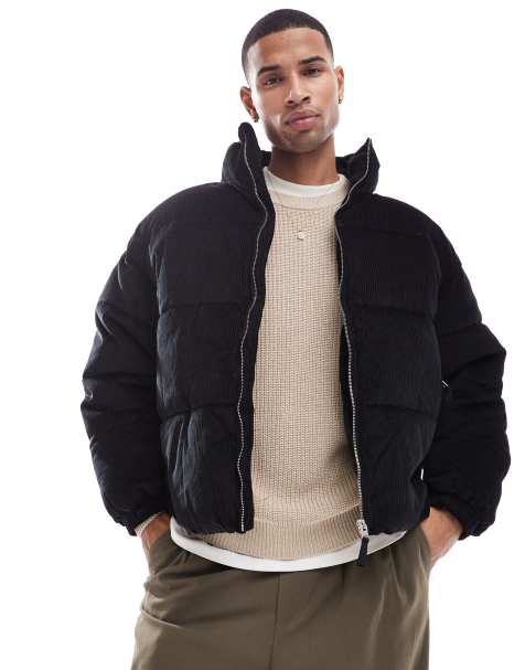 Bershka cord puffer jacket in black - view 1