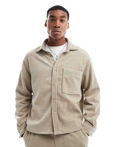Bershka cord shirt co-ord in brown - view 1