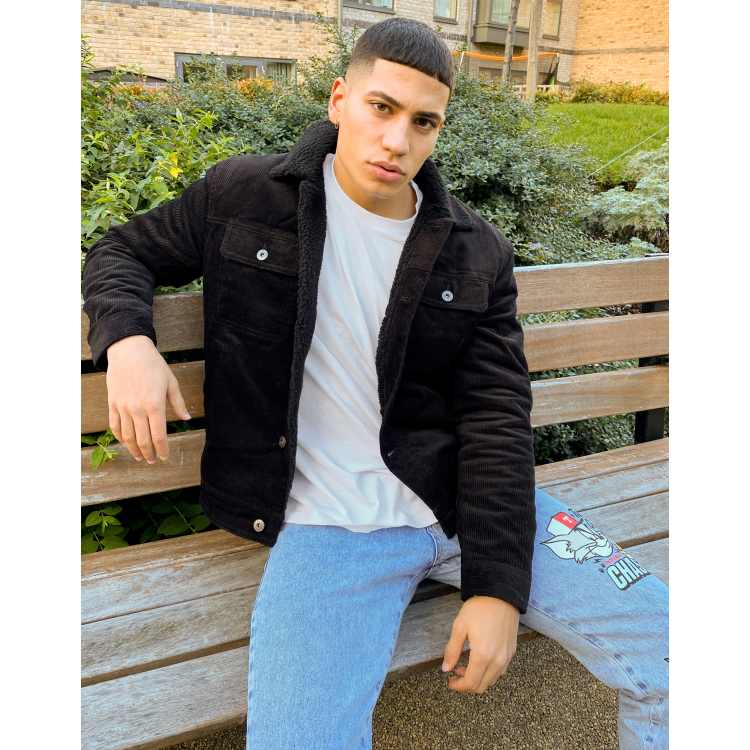 Bershka cord trucker jacket with borg collar in black ASOS