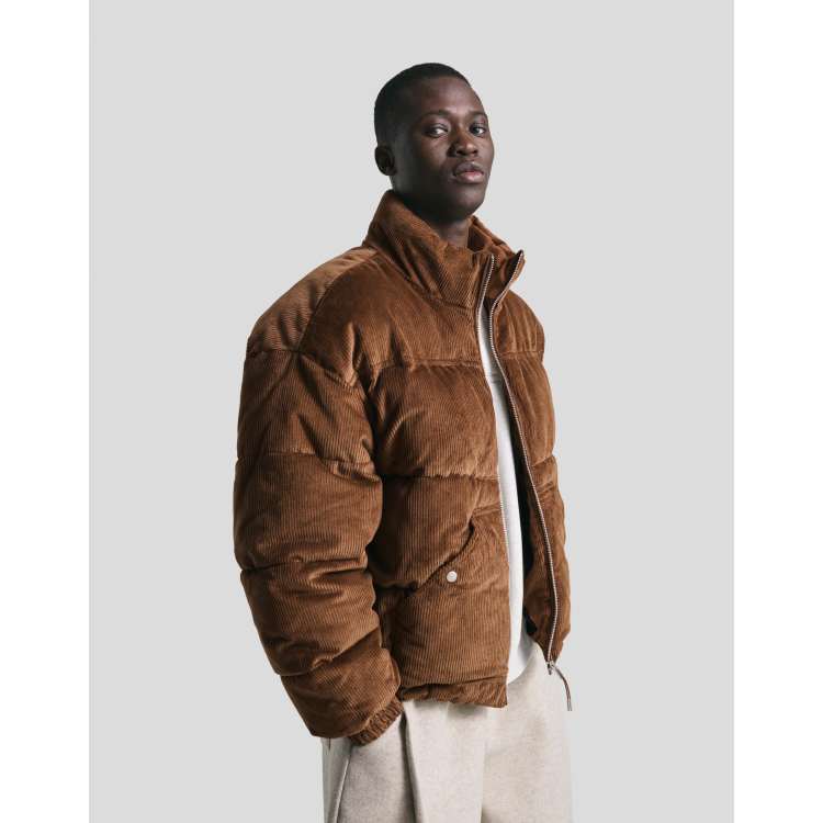 Bershka Corduroy puffer jacket in brown ASOS