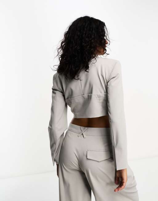 Bershka corset detail cropped blazer in stone (part of a set), 4 of 4