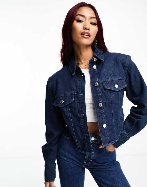 Bershka corset detail denim jacket in mid blue | ASOS