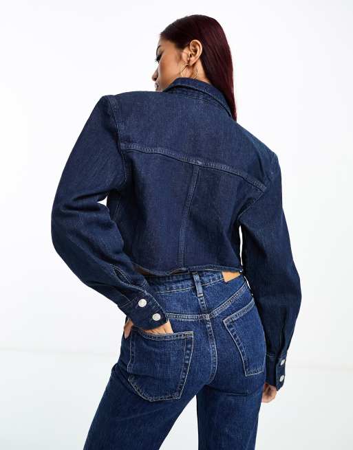 Bershka corset detail denim jacket in mid blue