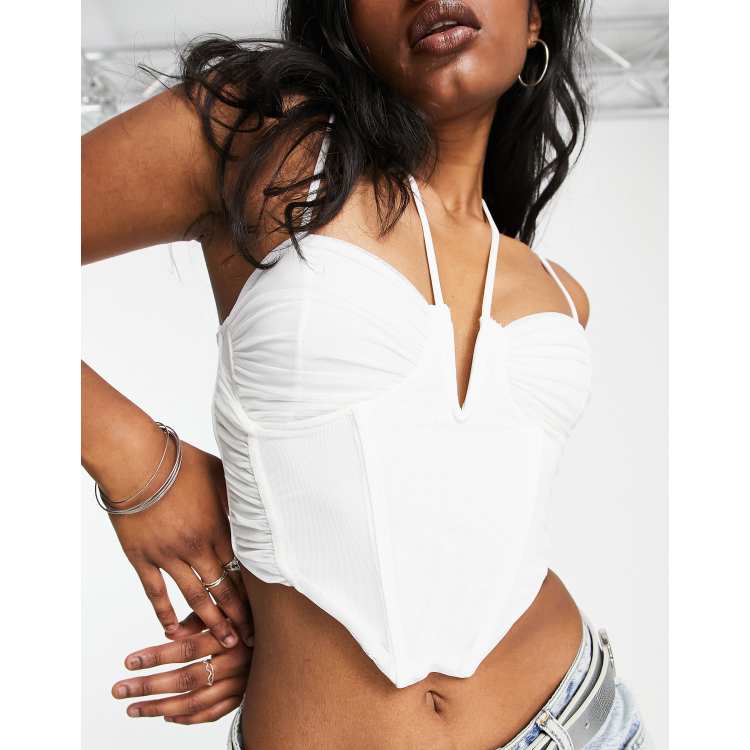 Bershka Bandeau Sheer Crop Top ($23) ❤ liked on Polyvore featuring tops,  white, transparent top, crop top, off the s…