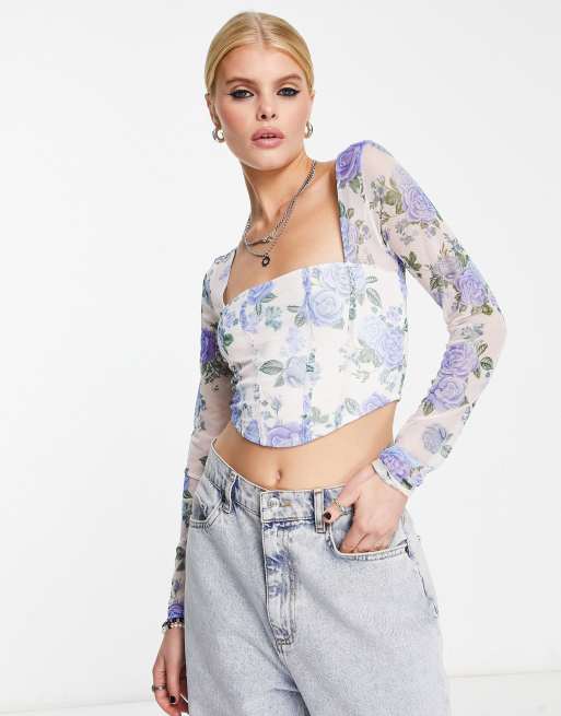 Bershka corset detail long sleeve top in floral print | ASOS