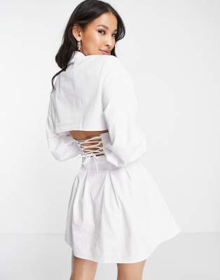 Bershka Corset Detail Poplin Shirt Dress In White In White