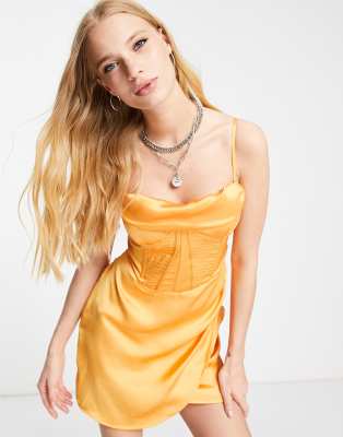 Bershka corset detail satin mini dress in soft orange