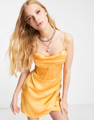 corset detail satin mini dress in soft orange