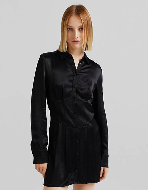 Dresses Bershka corset detail satin shirt dress in black 