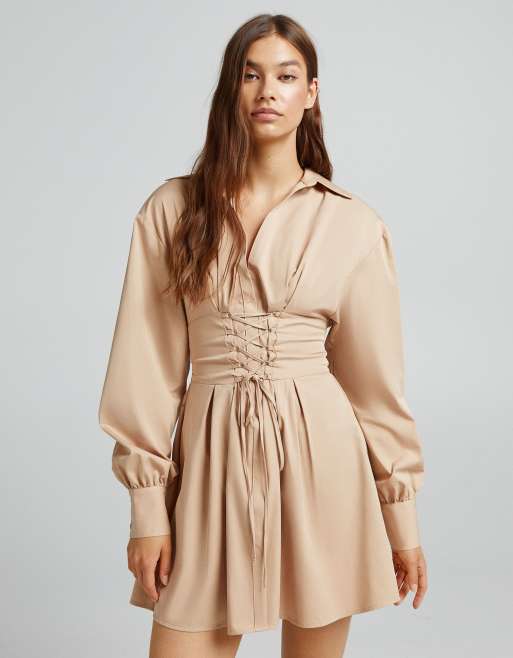 Bershka corset detail tie up dress in camel ASOS