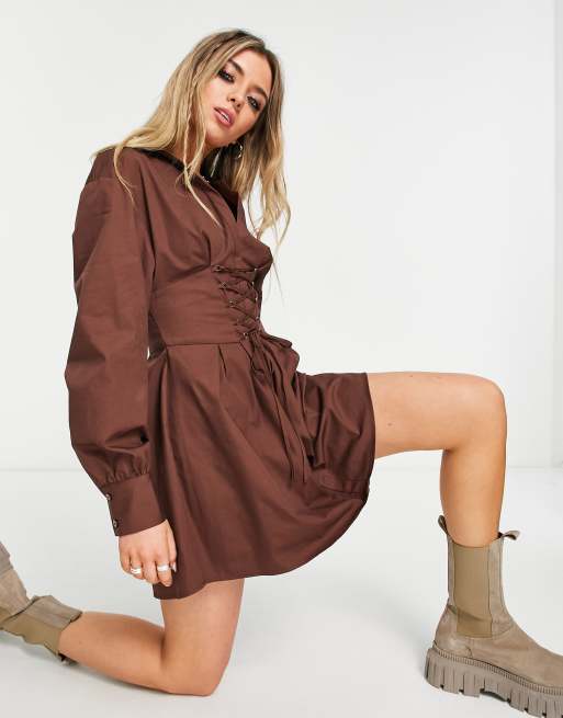 Bershka corset detail tie up dress in chocolate | ASOS