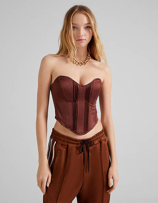 Tops Bershka corset satin detail top in chocolate brown 