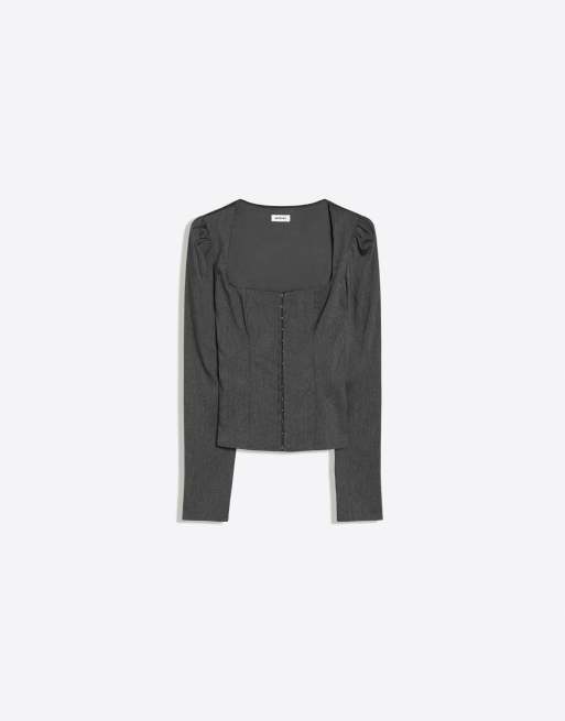 Bershka corsettop met lange mouwen en drukknoopsluiting in grijs, 6 van 6
