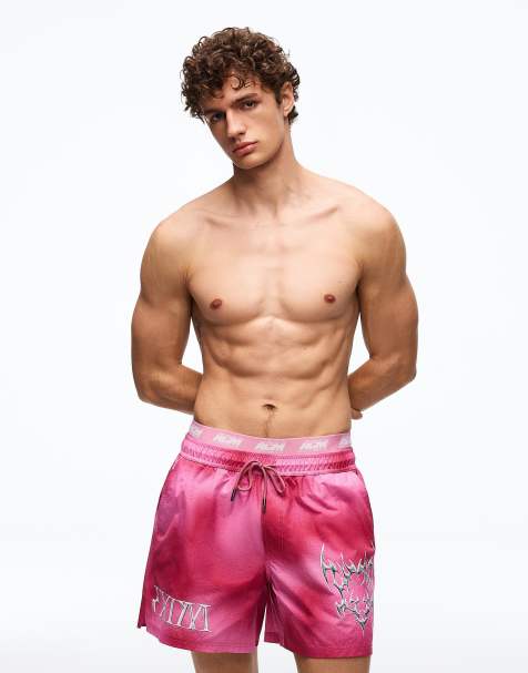 Bershka - Costume da bagno squadrato rosa con stampa - view 1