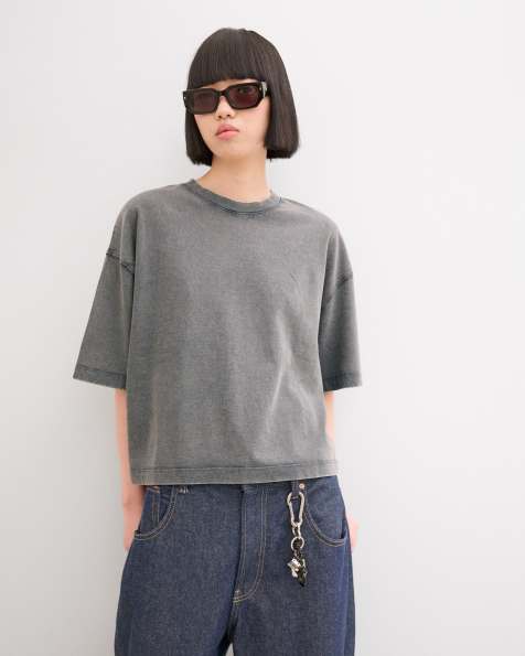 Bershka cotton boxy fit short sleeve t-shirt in grey charcoal - view 1