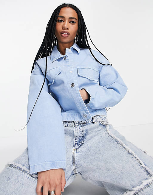 Bershka cotton canvas jacket with large pockets in light blue | ASOS