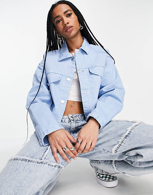 Bershka cotton canvas jacket with large pockets in light blue | ASOS