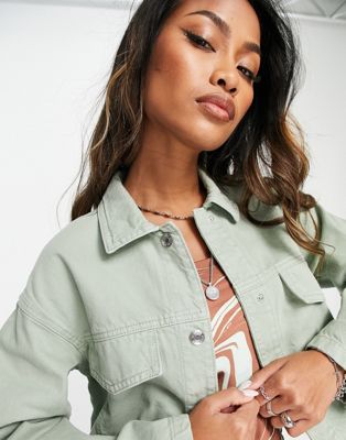 Bershka cotton canvas jacket with large pockets in sage