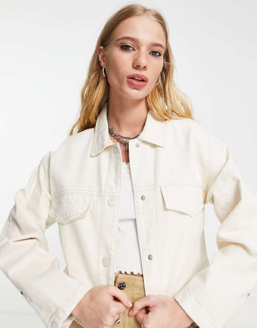 Bershka cotton canvas jacket with large pockets in white