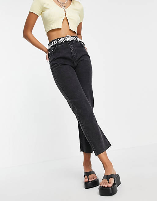 Bershka cotton elasticated waist raw hem jeans in black - GREY