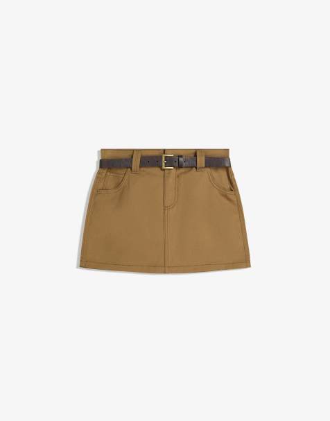 Bershka Cotton mini skirt with belt in camel - view 1