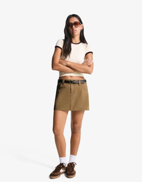 Bershka Cotton mini skirt with belt in camel