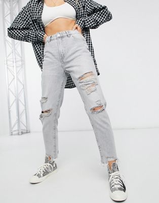 Bershka cotton mom jean with rips and distressed hem in grey