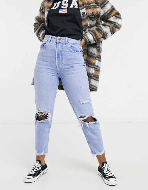 Bershka cotton mom jeans with knee rips and distressed hem in