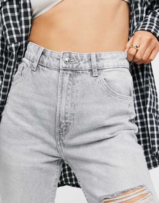 Bershka cotton mom jeans with rips and distressed hem in grey, 3 of 4