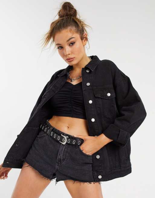 Bershka cotton oversized denim jacket in black ASOS