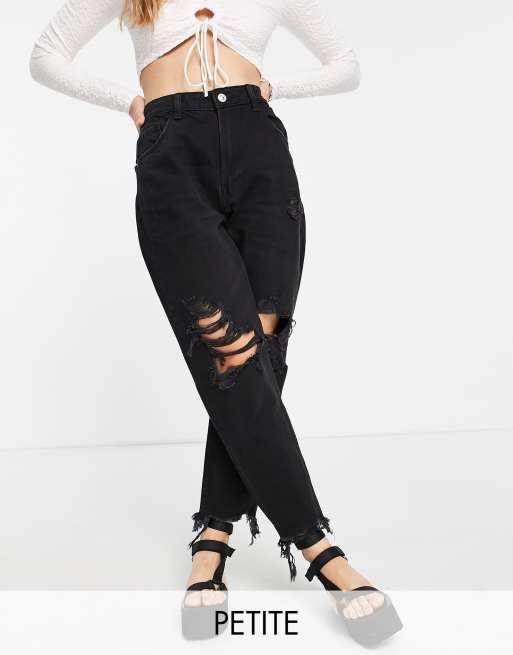 Bershka cotton Petite mom jean with rips and distressed hem in black - BLACK