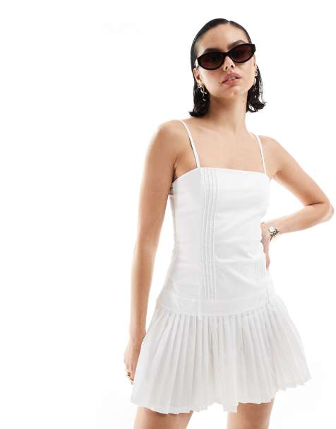 Bershka cotton straight neck pleated mini dress in white - view 1