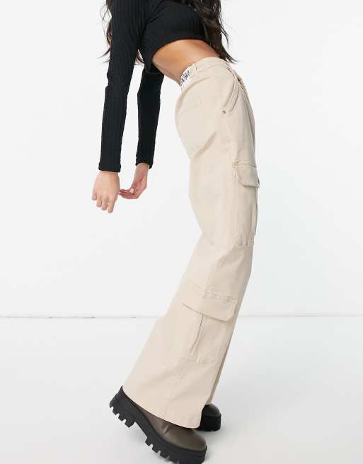Bershka cotton wide leg cargo pants in beige - TAN, 4 of 4