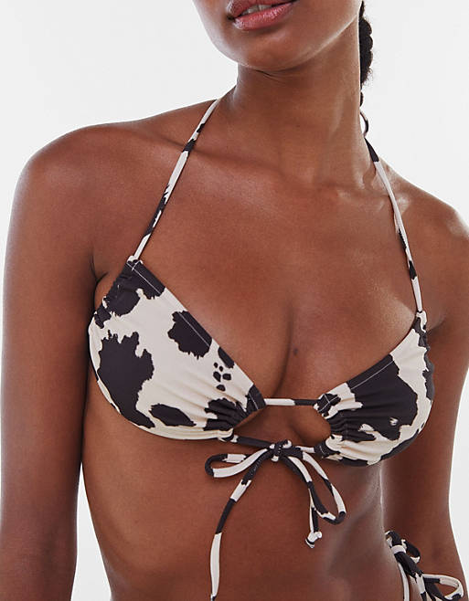 Bershka cow print bikini top in brown