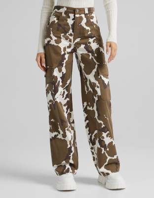 Bershka Cow Print Cargo Pants In Brown ModeSens