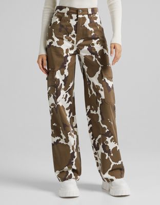 Bershka cow print cargo trousers in brown