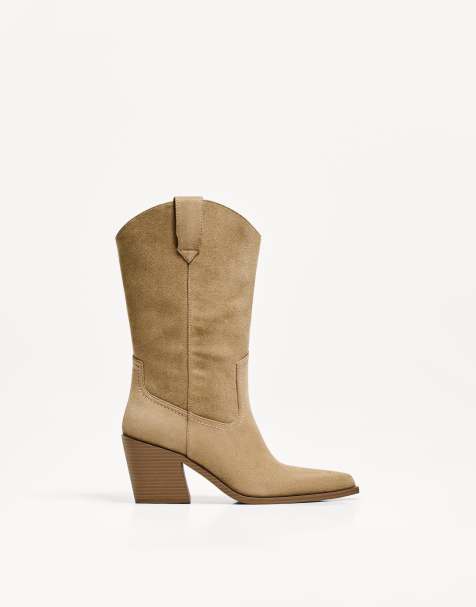 Bershka – Cowboy-Stiefel in Beige mit Absatz - view 1