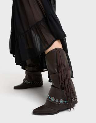 Cowboy-Stiefel in Braun mit Absatz und Fransen Braun 39