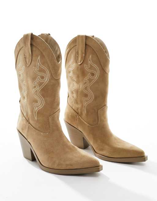 Bershka - Cowboylaarzen in bruin met contrasterende stiksels, 3 van 4