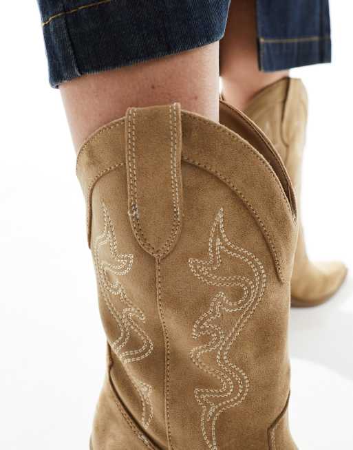 Bershka - Cowboylaarzen in bruin met contrasterende stiksels, 4 van 4