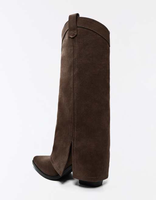 Bershka cowboylaarzen met broekspijp in bruin, 6 van 6