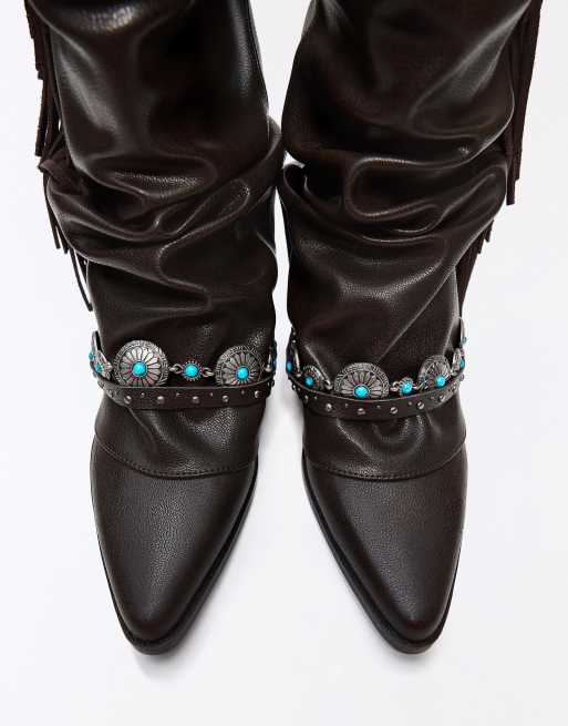 Bershka - Cowboylaarzen met hak en franjes in bruin, 3 van 4