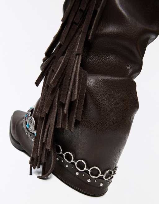 Bershka - Cowboylaarzen met hak en franjes in bruin, 4 van 4