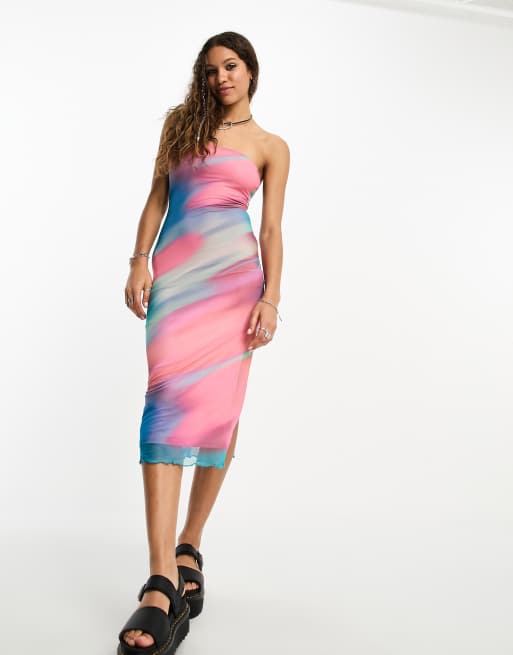 Bershka cowl neck midaxi dress in pink & blue marble